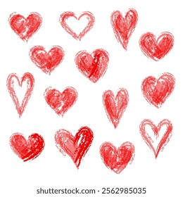 A vector illustration set of various heart shapes with a texture like that of crayon drawing.