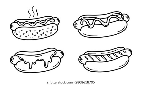 Vector illustration set of various hot dogs. Features a hot dog with steam and sesame bun, with mustard or ketchup swirl, a cheesy hot dog with melting sauce, and a grilled. Minimalist black line art doodle style, perfect for fast food restaurant menus, food truck branding, summer street food festival banners, fair packaging, takeaway concepts, and cooking blogs. All elements are isolated on a white background.
