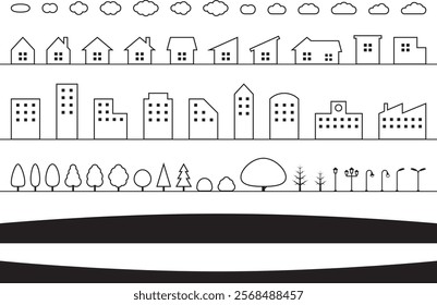 Vector illustration set of various house and street parts and icons