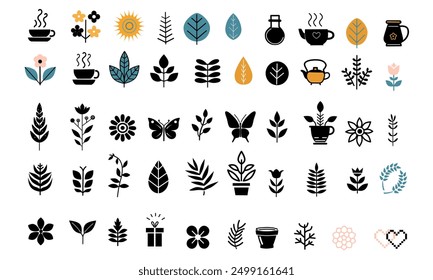 Vektorgrafik-Set verschiedener Symbole, darunter Blumen, Blätter, Schmetterlinge, Teetassen und dekorative Elemente in schwarzen und farbigen Designs