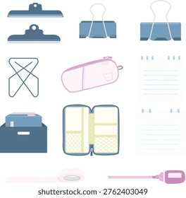 Vector illustration set of various office supplies and stationery items including binder clips, pencil cases, memo pads, and correction tape in a clean, flat design style.
