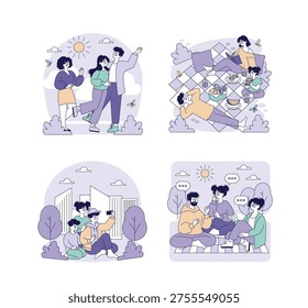 Vector illustration set of various outdoor activities depicting friends enjoying nature. Includes scenes of walking, picnicking, taking selfies, and conversing in different settings.