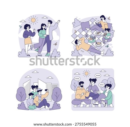 Vector illustration set of various outdoor activities depicting friends enjoying nature. Includes scenes of walking, picnicking, taking selfies, and conversing in different settings.
