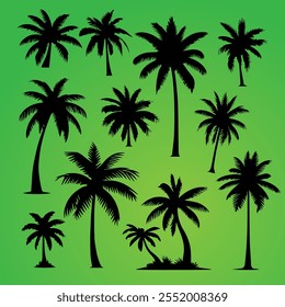 A vector illustration set of various palm tree silhouettes, perfect for creating a tropical or beachy vibe.