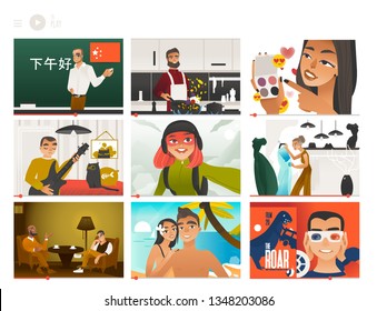 Vector illustration set of various people showing video through internet - tutorial and entertainment bloggers in flat gradient style. Video screens with vloggers on their vlog channels.