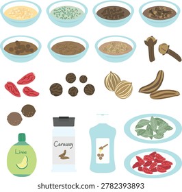 Vector illustration set of various pickling spices and ingredients including bay leaves, cloves, peppercorns, and aromatic seeds.