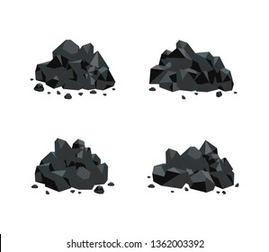Vector illustration set of various piles of black coal isolated on white background. Collection of mineral resources - bunch of cut rock graphite charcoal in flat style.