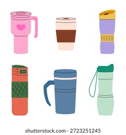 Conjunto de Ilustración vectorial de varias tazas y vasos termo reutilizables. Diseño plano moderno de tazas de viaje para café y té, promoviendo cero residuos y estilo de vida ecológico