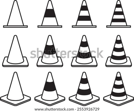 Vector illustration set of various shapes of triangular cones, color cones, pylons, safety cones, and traffic cones