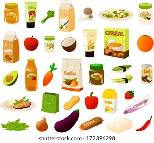 Vector illustration set of various stereotypical vegan/vegetarian food items.