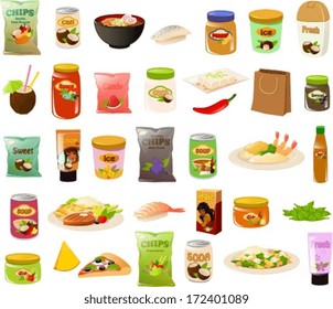 Vector illustration set of various stereotypical exotic food loving person's food items.