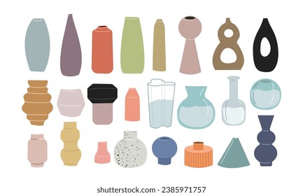 Vector illustration ,set of vases in flat cartoon style ,isolate on white background , different shapes and color , natural materials ,for different design uses interior .Trendy illustration