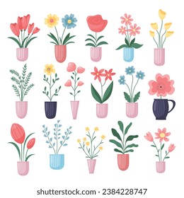 Vector illustration set of vases with flowers. Simple, naive style.