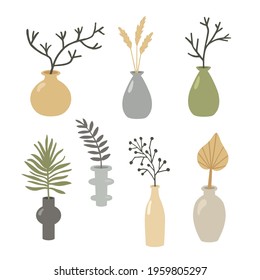 Vector illustration, set of vases and natural elements. Japanese minimalist style.Dried leaves, twigs and brances.