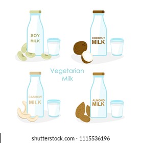 Vector illustration set of vegan milk, different vegetarian or plant based milk, coconut, soya bean and cashew milk in bottles in flat cartoon style on white background.