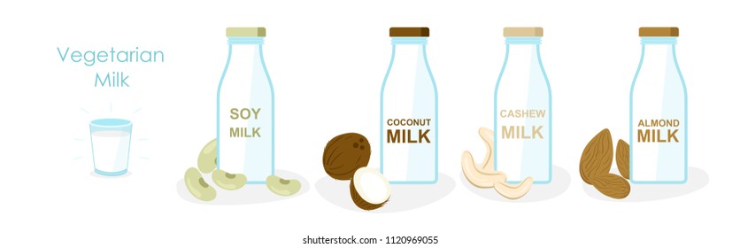 Vector illustration set of vegan milk, icons collection, bottles with vegetarian or plant based milk, soya, oatmeal and coconut, almond, cashew milk in cartoon flat style.