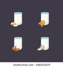 Vector illustration set of vegan milk, icons collection, bottles with vegetarian or plant based milk. Coconut, almond, cashew and walnut milk in cartoon flat style. Vector illustration.