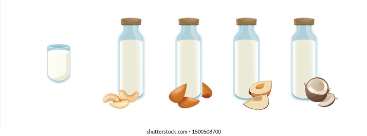 Vector illustration set of vegan milk, icons collection, bottles with vegetarian or plant based milk. Coconut, almond, cashew and hazelnut milk in cartoon flat style. Vector illustration.