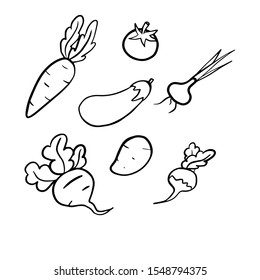 
vector illustration set of vegetables; carrots, potatoes, onions, beets, radishes, eggplant