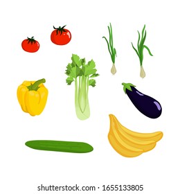 Vector illustration with a set of vegetables and fruits on a white background. Set of eggplant, tomato, pepper and onion, cucumber, banana and celery. Farm products