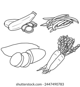 Ilustración vectorial Conjunto de verduras dibujado a mano boceto, varias líneas de vegetales arte, que contienen calabacín, judías verdes, rábano, batata aislado sobre fondo blanco, para niños libro para colorear.