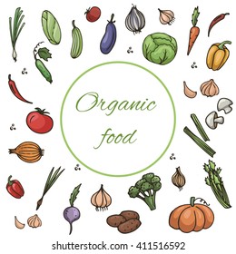 vector illustration set of vegetables isolated on white background , carrots , cabbage , pumpkin, onion, garlic , broccoli , pepper , tomato, cucumber
