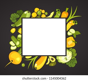 Vector illustration set of vegetables on black background with top view and copy space