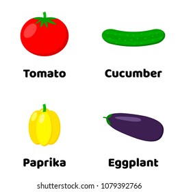 Vector illustration. Set of vegetables. Tomato, Cucumber, Eggplant, Yellow paprika