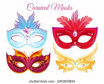 Vector illustration set venetian painted carnival facial masks. Masks for a party decorated with bright colorful feathers and rhinestones isolated on white background.