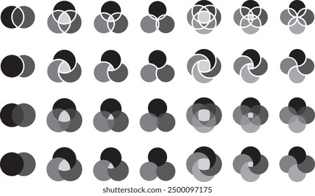 Vector illustration set of Venn diagrams of various shapes, overlapping circles