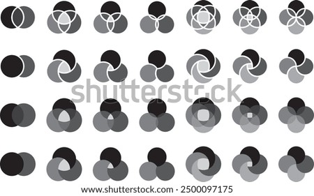 Vector illustration set of Venn diagrams of various shapes, overlapping circles