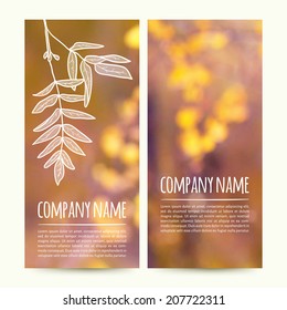 vector illustration. Set of  vertical autumn banners  with blurred  background and  sketch - rowan leaf