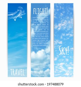vector illustration. Set of vertical banners with sky background  and sketch - retro airplane