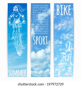 vector illustration. Set of  vertical banners with sky background and  sketch  - girl on bike