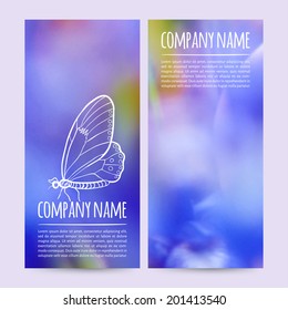 vector illustration. Set of  vertical banners  with blurred  background and flower and butterfly sketch
