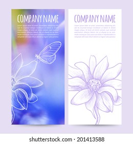 vector illustration. Set of  vertical banners  with blurred  background and flower and butterfly sketch