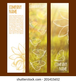 vector illustration. Set of  vertical banners  with blurred  background and flower and butterfly sketch