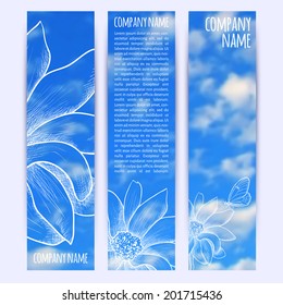 vector illustration. Set of  vertical banners  with blurred  background and flower and butterfly sketch