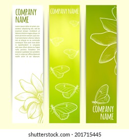 vector illustration. Set of  vertical banners  with blurred  background and flower and butterfly sketch
