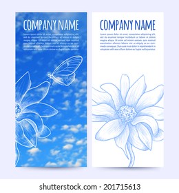 vector illustration. Set of  vertical banners  with blurred  background and flower and butterfly sketch
