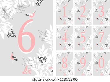 vector illustration set of vertical cards with numbers decorated with eucalyptus leaves berries birds