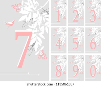 vector illustration set of vertical cards with numbers decorated with eucalyptus leaves berries birds