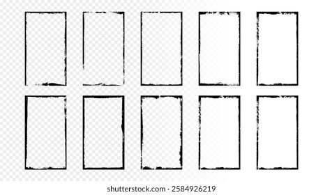 Vector illustration. Set of vertical frames in grunge style. Black paint dirty frame on a transparent background. Decorative design elements for flyer, voucher, coupon, leaflet . Ink brush strokes