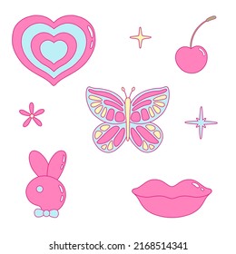 Vector illustration set from vibe. Nostalgia for the 2000 years. Heart, stars, lip, cherry, daisy, hare in pink, blue and yellow colors.