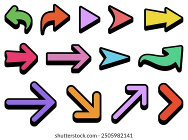Vector illustration of a set of vibrant arrows in different directions with thick black outlines.