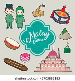 Conjunto de ilustrações vetoriais de elementos vibrantes da cultura malaia malaia e símbolos tradicionais