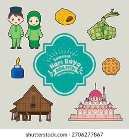 Vector illustration set of vibrant Malaysian Muslim festive, Hari Raya Aidilfitri celebration sticker collection