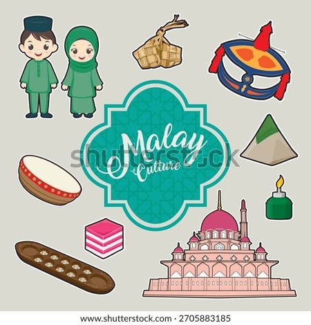 Vector illustration set of vibrant Malaysian Malay culture elements and traditional symbols