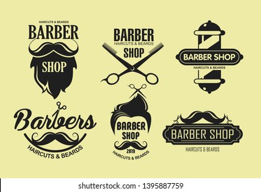 Vector illustration set of vintage barber shop emblems in retro style isolated on yellow color background. Labels, badges, logos elements in silhouette style.