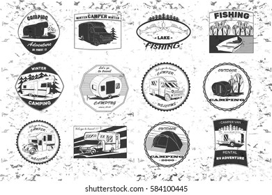 Vector illustration of Set vintage camping and outdoor adventure emblems, logos and badges. Camping equipment. Camp trailer in the forest.